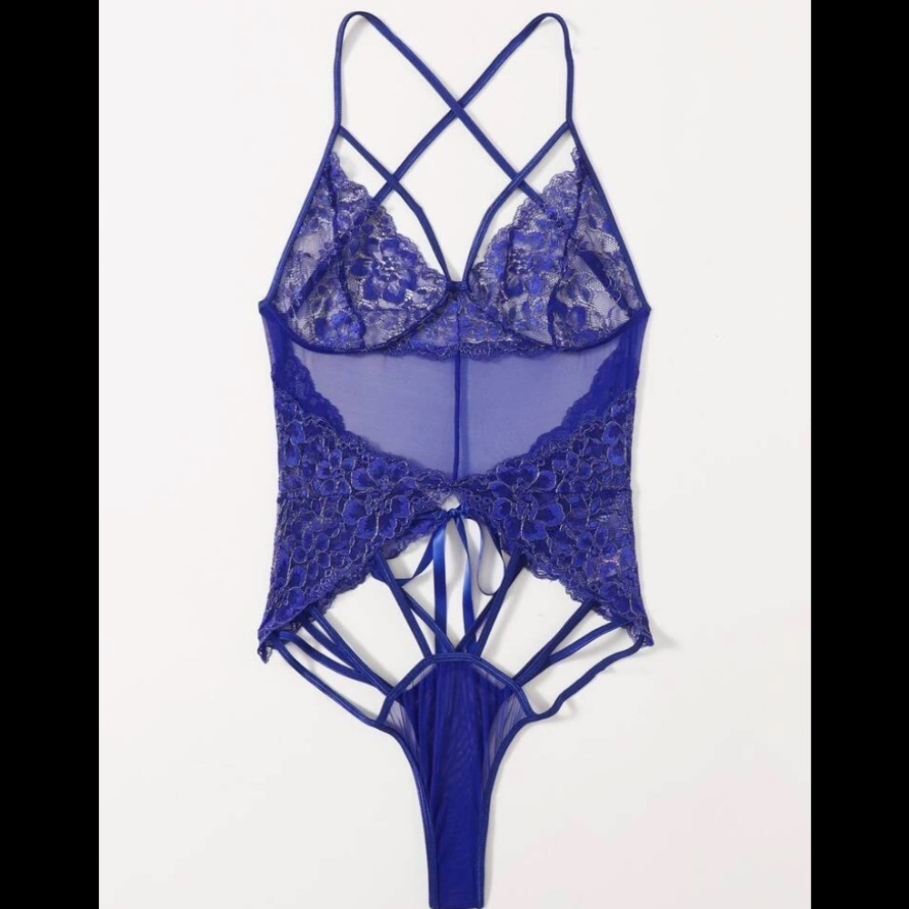 Royal Blue Lace Transparent Teddy Bodysuit - Picture 5 of 8